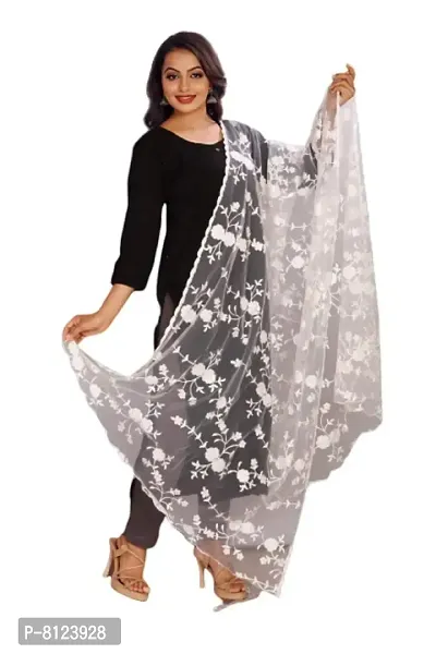 Rahulraj Textile Women's Nylon Mono Net Cotton Embroidery Nana Gulab Design Dyeable Dupatta (White, Medium)-thumb0