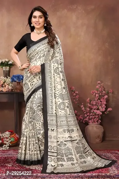 Beautiful Black Cotton Blend Printed Saree With Blouse Piece For Women-thumb0