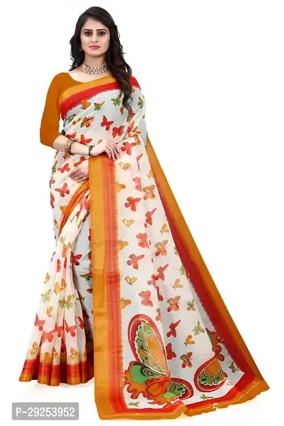 Beautiful Off White Cotton Blend Printed Saree With Blouse Piece For Women-thumb0