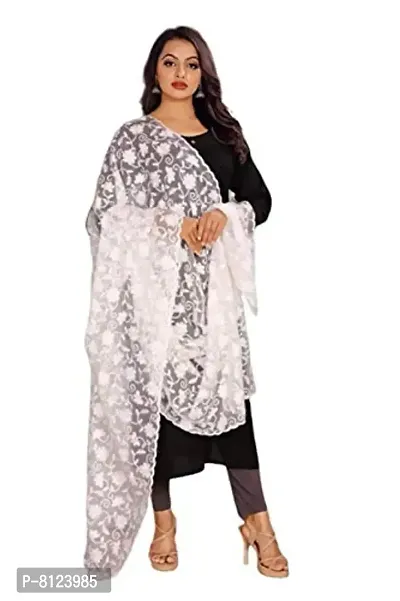 R.J.ENTERPRISE Women's Dyeable Nylon Net with Embroidery Full Work Ethnic Dupatta (RJD111, White, Free Size)-thumb0