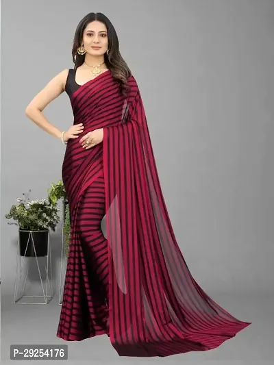 Beautiful Red Georgette Striped Saree With Blouse Piece For Women-thumb0