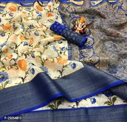 Beautiful Blue Cotton Blend Printed Saree With Blouse Piece For Women-thumb0