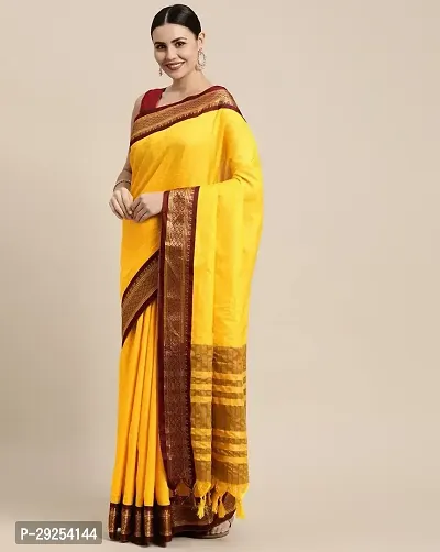 Beautiful Yellow Silk Cotton Jacquard Saree With Blouse Piece For Women-thumb0