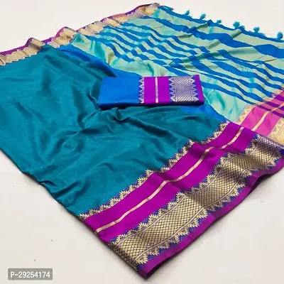 Beautiful Teal Cotton Silk Solid Saree With Blouse Piece For Women-thumb0