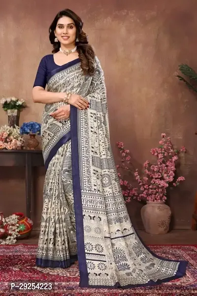 Beautiful Navy Blue Cotton Blend Printed Saree With Blouse Piece For Women-thumb0