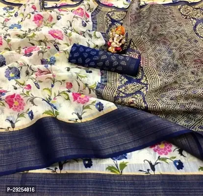 Beautiful Navy Blue Cotton Blend Printed Saree With Blouse Piece For Women-thumb0