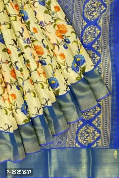 Beautiful Blue Cotton Printed Saree With Blouse Piece For Women