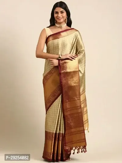 Beautiful Golden Cotton Silk Jacquard Saree With Blouse Piece For Women-thumb0