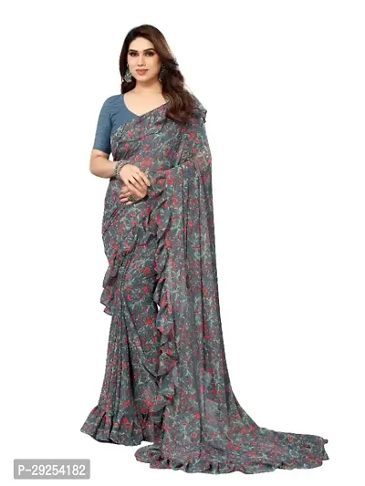 Beautiful Grey Georgette Lace Work Saree With Blouse Piece For Women-thumb0