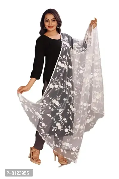 Rahulraj Textile Women's Thread Embroidery Aari Work Nylon Mono Net Dyeable Dupatta (White, Free Size)-thumb0