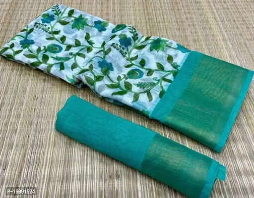 TEAL LOTUS Cotton Blend Printed Saree with Blouse piece