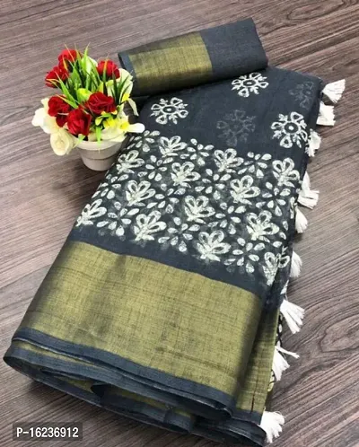 grey batik Cotton Blend Printed Saree with Blouse piece