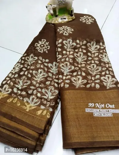 brown batik Cotton Blend Printed Saree with Blouse piece