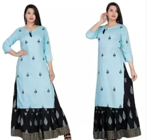 Stylish Blue Rayon Straight Printed Kurti With Skirt For Women