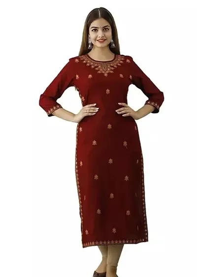 Rey Retails Women Maroon Embroidered Rayon Straight Kurta for Girls & Women