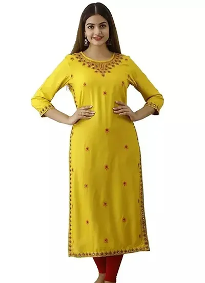 Rey Retails Women Yellow Embroidered Rayon Straight Kurta for Girls & Women