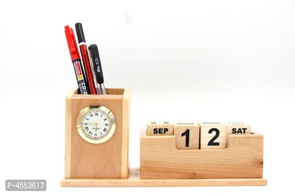 Wooden Calendar with pen stand and Clock
