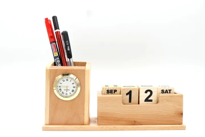 Office Essential ! Wooden Calendar With Pen Stand And Clock