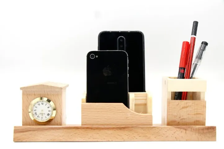 Office Essential ! Wooden Calendar With Pen Stand And Clock