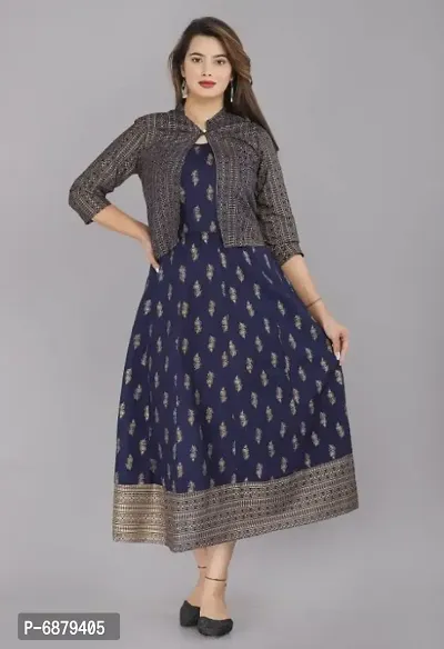 Beautiful Rayon Stitched Navy Blue Kurta With Jacket For Women