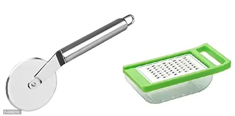 Pizza Cutter and Cheese Grater Combo | Stainless Steel Pizza Cutter | Grater with Storage Box (Cutter + Cheese Grater)-thumb0