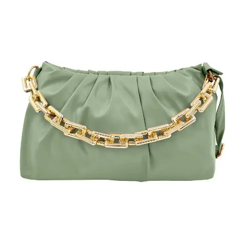 Trendy PU Leather Handbag With Golden Chrome Chain For Women