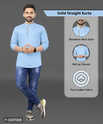 Reliable Blue Cotton Solid Straight Kurta For Men-thumb4