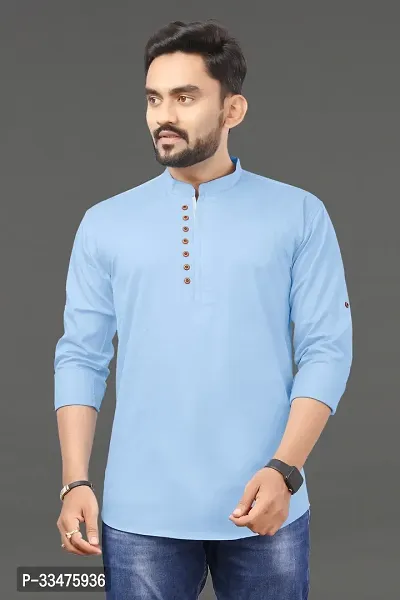 Reliable Blue Cotton Solid Straight Kurta For Men