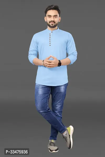 Reliable Blue Cotton Solid Straight Kurta For Men-thumb3