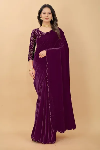 Fency Disener Velvet Embroidery Border Saree With Embroidery work Blouse Piece