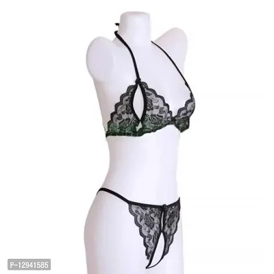 Women Babydoll Lingerie Set Satin Lace Net Bra Panty Bikini Sets Free Size for women girls Black-thumb5