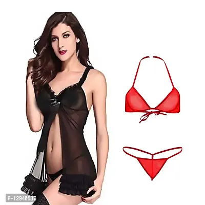 Yooo Shopi Babydoll Nightwear Net Lingerie with Bra Panty for Women Combo Offer Pack of 2