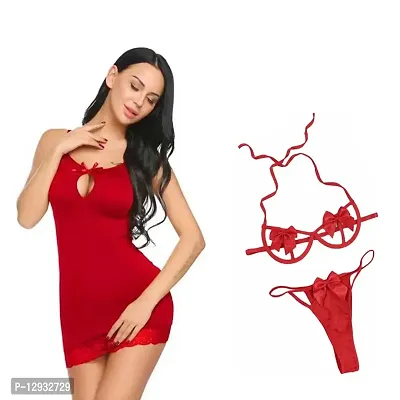 Yooo Shopi Women Babydoll Nightwear Lingerie Stylish with Panty Above Knee and Bra Panty Set (Combo Offer Red )