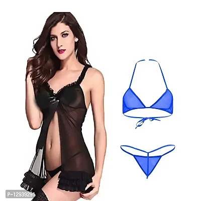 Yooo Shopi Combo Offer Women Net Babydoll Nightdress with Bra Panty Set for Women Pack of 2