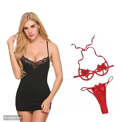 Yooo Shopi Women Babydoll Nightwear Lingerie with Panty and Babydoll Above Knee Bra Panty Set ( Combo Pack of 2 ) Black  Red-thumb0