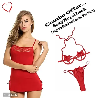 Yooo Shopi Women Babydoll Nightwear Lingerie with Matching Panty and Bra Panty Set Above Knee Combo Offer Red-thumb4