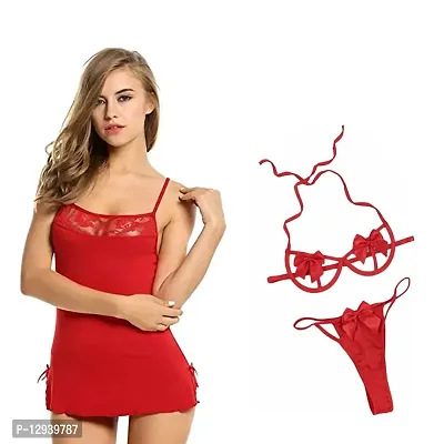 Yooo Shopi Women Babydoll Nightwear Lingerie with Matching Panty and Bra Panty Set Above Knee Combo Offer Red