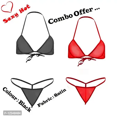 Yooo Shopi Women Sexy Lingerie Set Satin Plain 2 Piece Bra and Panty Sets Free Size Black Red-thumb2