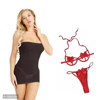 Yooo Shopi Women Babydoll Nightwear Lingerie Stylish with Panty Above Knee and Bra Panty Set (Combo Offer Black  Red )-thumb0