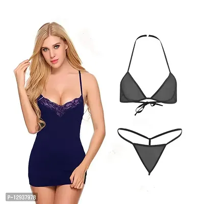 Yooo Shopi Combo Offer! Women Babydoll Nightwear Polyester I Satin Bra Panty Lingerie Set 012