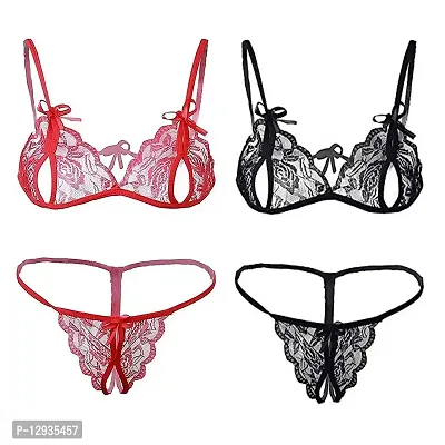 Yooo Shopi New Sexy Hot Net Bra Set Women with Panty Bra Lingerie Set Black  Red Combo Offer-thumb0