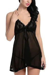 Women Babydoll Lingerie nightdress Sleepwear Net with panty Above Knee short nighty for women girls Free Size Black-thumb4