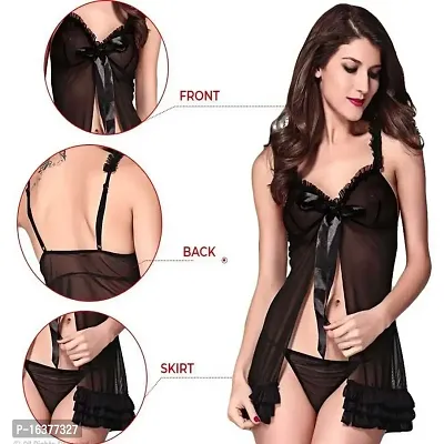 Stylish Women's Blended Solid Above Knee Babydoll Nightdress sleepwear with matching panty for women ladies Black-thumb3