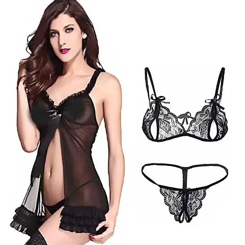 Lace Net Babydoll Night dress with matching panty And Net Lace Bra panty set Combo Offer for women ladies girls ,