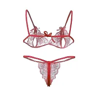 Lace Net Babydoll Night dress with matching panty And Net Lace Bra panty set Combo Offer for women ladies girls Red , Red-thumb3