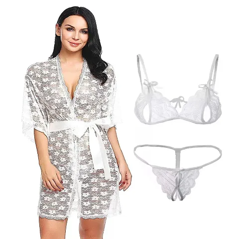 Stylish Net Bridal Babydolls/Sexy Night Robe With Lingerie Set Combo For Women