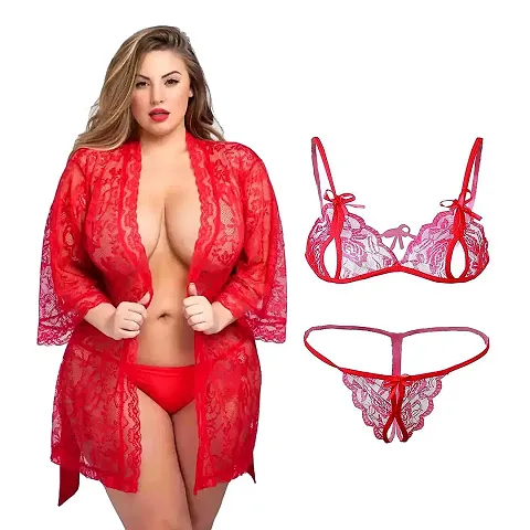 Stylish Net Bridal Babydolls/Sexy Night Robe With Lingerie Set Combo For Women