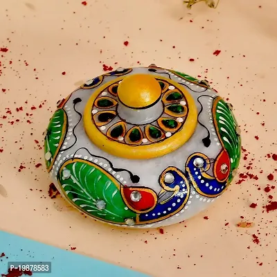 Craftam Marble Sindoor Dani, Sindoor Box, Kumkum Bharani Box (7.5 Cm X 7.5 Cm X 5 Cm) (Peacock)