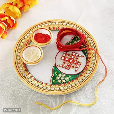 Craftam Marble Rajasthani Handicrafts Round Pooja Thali with Roli Rice Chopra Set for Wedding Gift, Rakhsha Bhandhan, Bhai Dooj, Tilak Tika Function (6x6 Inch)-thumb0