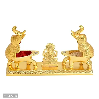 CRAFTAM Metal Golden Plated Home Decor Double Elephant with Laxmi Maa Roli Chawal Storage Box